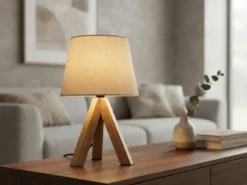 Tischlampe mit Holz Dreibein & E14 Leinen Stoffschirm Beige, Höhe 27cm