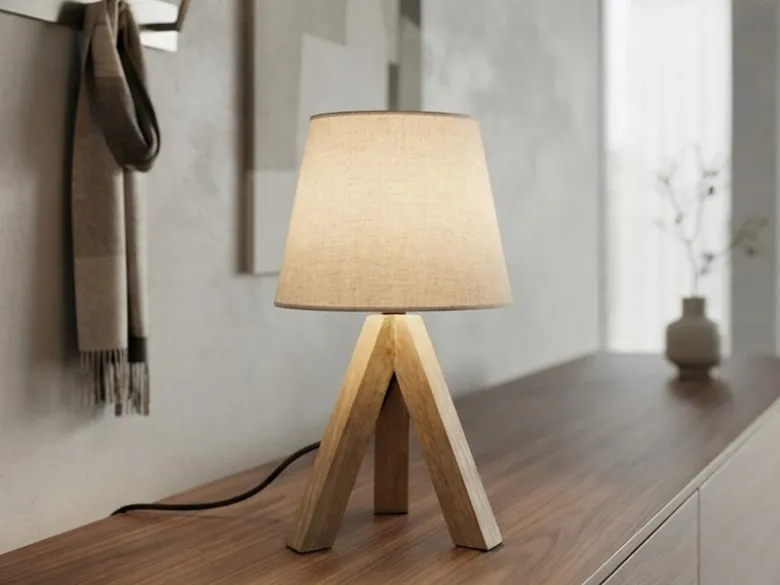 Tischlampe mit Holz Dreibein & E14 Leinen Stoffschirm Beige, Höhe 27cm