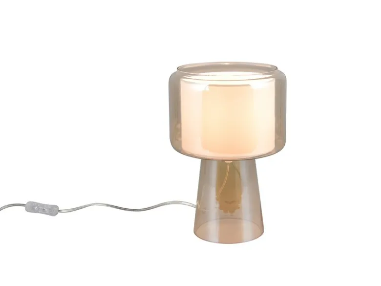 Tischlampe ROCKA aus Glas Bernsteinfarben mit Stoffschirm innen, Höhe 29cm