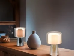 Tischlampe ROCKA aus Glas Silber Chrom mit Stoffschirm innen, Höhe 29cm