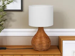 Tischlampe SPROUT mit Rattan und Stoffschirm Weiß, Höhe 40cm
