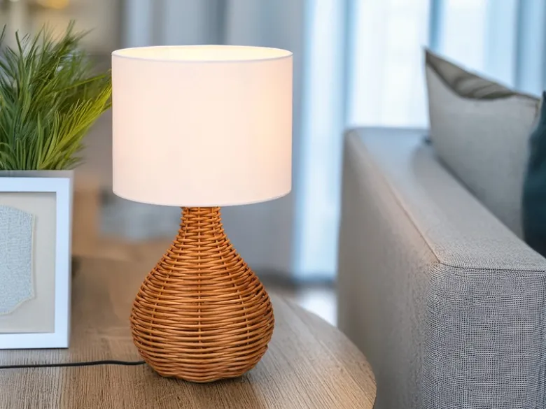 Tischlampe SPROUT mit Rattan und Stoffschirm Weiß, Höhe 40cm