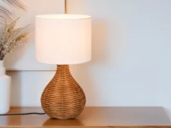 Tischlampe SPROUT mit Rattan und Stoffschirm Weiß, Höhe 40cm