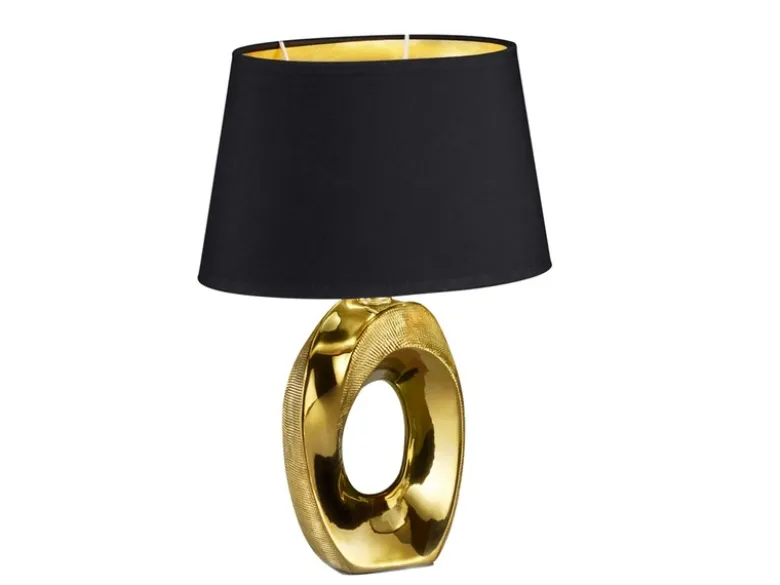 Tischlampe TABA Keramik Gold mit E14 Stoffschirm Schwarz, Höhe 33cm