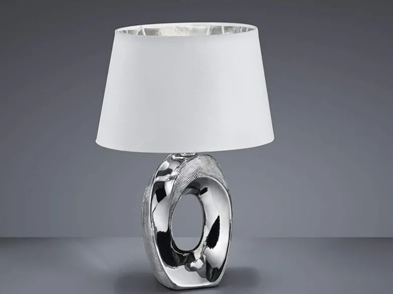 Tischlampe TABA Keramik Silber mit E14 Stoffschirm Weiß, Höhe 33cm