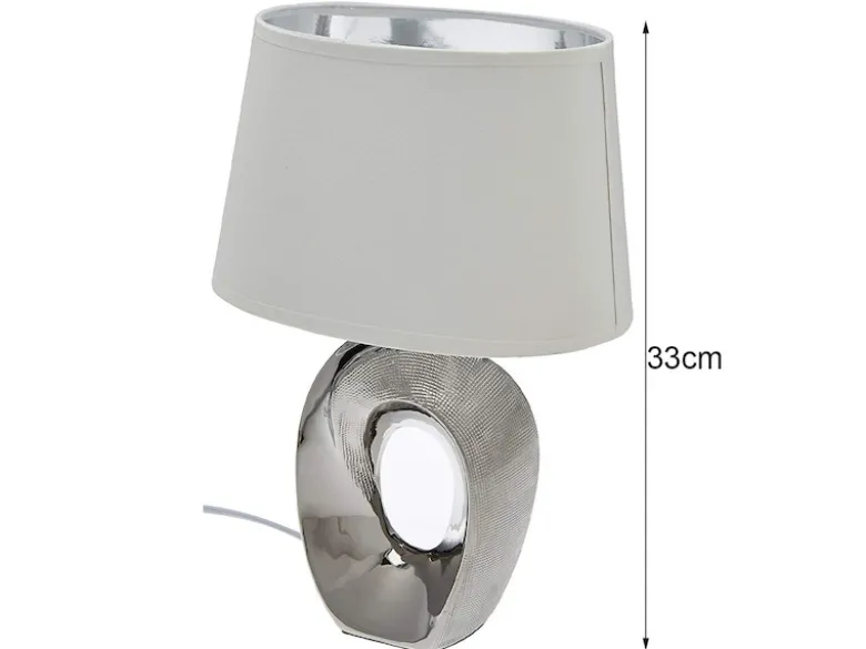 Tischlampe TABA Keramik Silber mit E14 Stoffschirm Weiß, Höhe 33cm