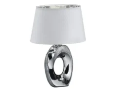 Tischlampe TABA Keramik Silber mit E14 Stoffschirm Weiß, Höhe 33cm