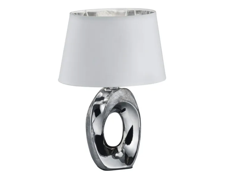 Tischlampe TABA Keramik Silber mit E14 Stoffschirm Weiß, Höhe 33cm