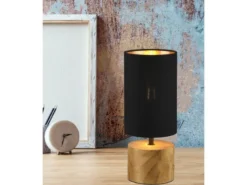 Tischlampe WOODY mit Holzfuß & Stoffschirm Schwarz Gold, Höhe 30cm