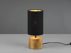 Tischlampe WOODY mit Holzfuß & Stoffschirm Schwarz Gold, Höhe 30cm