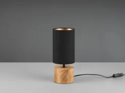 Tischlampe WOODY mit Holzfuß & Stoffschirm Schwarz Gold, Höhe 30cm