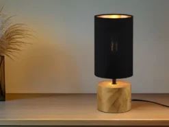Tischlampe WOODY mit Holzfuß & Stoffschirm Schwarz Gold, Höhe 30cm