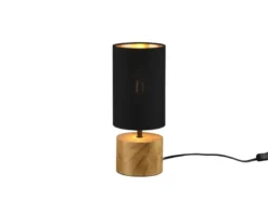 Tischlampe WOODY mit Holzfuß & Stoffschirm Schwarz Gold, Höhe 30cm