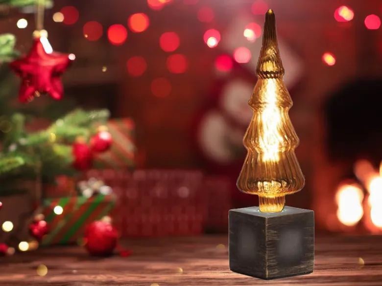 Tischlampe Würfel Grau mit Deko LED Tannenbaum, Quadrat 9cm