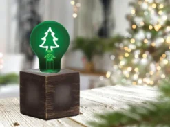 Tischlampe Würfel Grau mit Deko LED Glühbirne Tannenbaum, Quadrat 9cm
