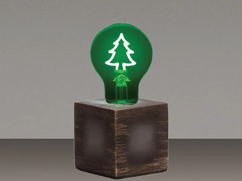 Tischlampe Würfel Grau mit Deko LED Glühbirne Tannenbaum, Quadrat 9cm