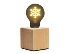 Tischlampe Würfel Holz Eiche mit Deko LED Glühbirne Schneeflocke, Quadrat 9cm