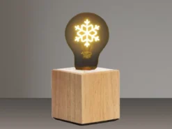 Tischlampe Würfel Holz Eiche mit Deko LED Glühbirne Schneeflocke, Quadrat 9cm