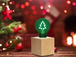 Tischlampe Würfel Holz Eiche mit Deko LED Glühbirne Tannenbaum, Quadrat 9cm
