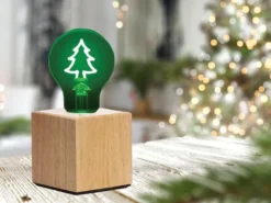 Tischlampe Würfel Holz Eiche mit Deko LED Glühbirne Tannenbaum, Quadrat 9cm