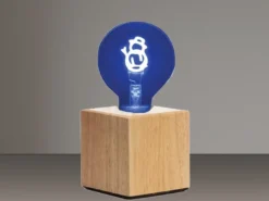 Tischlampe Würfel Holz Eiche mit Deko LED Glühbirne Schneemann, Quadrat 9cm