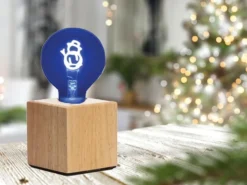 Tischlampe Würfel Holz Eiche mit Deko LED Glühbirne Schneemann, Quadrat 9cm