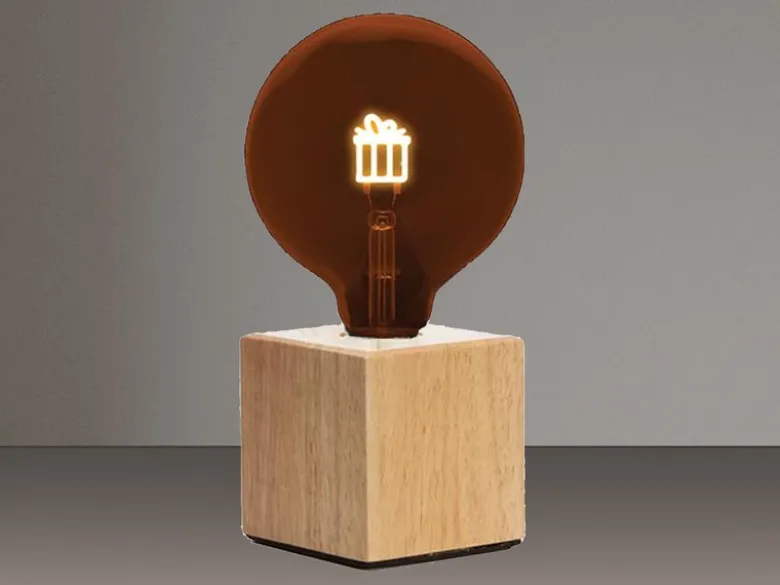 Tischlampe Würfel Holz Eiche mit Deko LED Glühbirne Geschenk, Quadrat 9cm