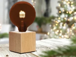 Tischlampe Würfel Holz Eiche mit Deko LED Glühbirne Geschenk, Quadrat 9cm