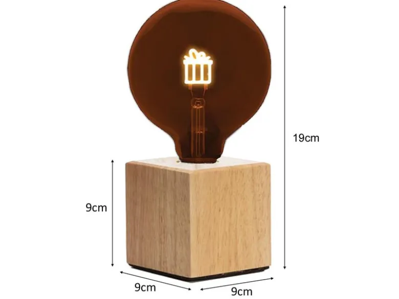 Tischlampe Würfel Holz Eiche mit Deko LED Glühbirne Geschenk, Quadrat 9cm