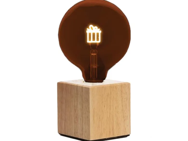 Tischlampe Würfel Holz Eiche mit Deko LED Glühbirne Geschenk, Quadrat 9cm