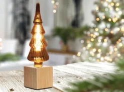 Tischlampe Würfel Holz Eiche mit Deko LED Tannenbaum, Quadrat 9cm
