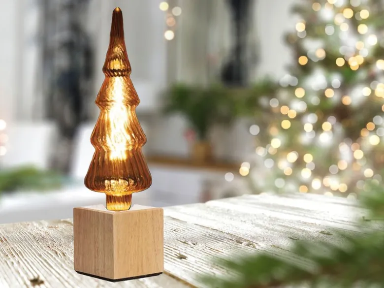Tischlampe Würfel Holz Eiche mit Deko LED Tannenbaum, Quadrat 9cm