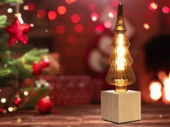 Tischlampe Würfel Holz Eiche mit Deko LED Tannenbaum, Quadrat 9cm