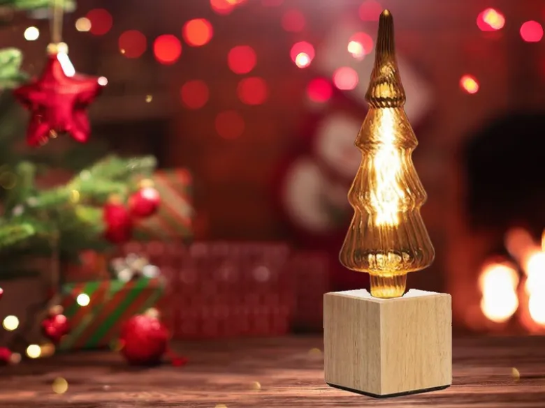 Tischlampe Würfel Holz Eiche mit Deko LED Tannenbaum, Quadrat 9cm
