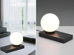 Tischleuchte CHLOE Schwarz induktive Ladestation & Touch Glasschirm, Höhe 15cm
