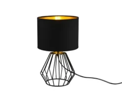 Tischleuchte CHUCK mit Gitterkorpus und Stoffschirm in Schwarz/Gold, Höhe 34cm