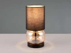 Tischleuchte ELIO mit Glasfuß Amber und Stoffschirm Schwarz, Höhe 28cm