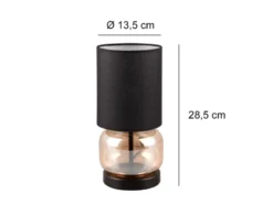 Tischleuchte ELIO mit Glasfuß Amber und Stoffschirm Schwarz, Höhe 28cm