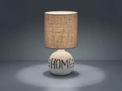 Tischleuchte ESNA Keramik-Sockel Schriftzug HOME Stoffschirm Braun, Höhe 31cm