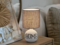 Tischleuchte ESNA Keramik-Sockel Schriftzug HOME Stoffschirm Braun, Höhe 31cm