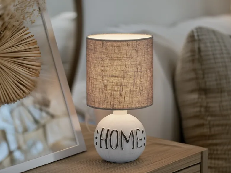 Tischleuchte ESNA Keramik-Sockel Schriftzug HOME Stoffschirm Braun, Höhe 31cm
