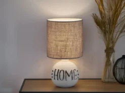 Tischleuchte ESNA Keramik-Sockel Schriftzug HOME Stoffschirm Braun, Höhe 31cm