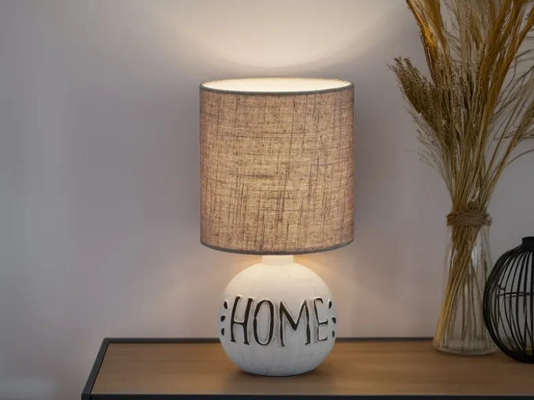 Tischleuchte ESNA Keramik-Sockel Schriftzug HOME Stoffschirm Braun, Höhe 31cm