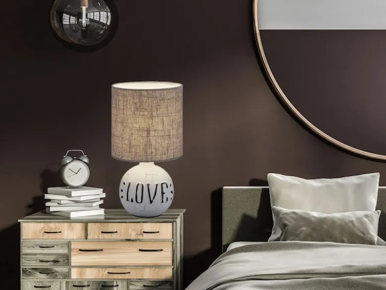 Tischleuchte ESNA Keramik-Sockel Schriftzug LOVE Stoffschirm Braun, Höhe 31cm
