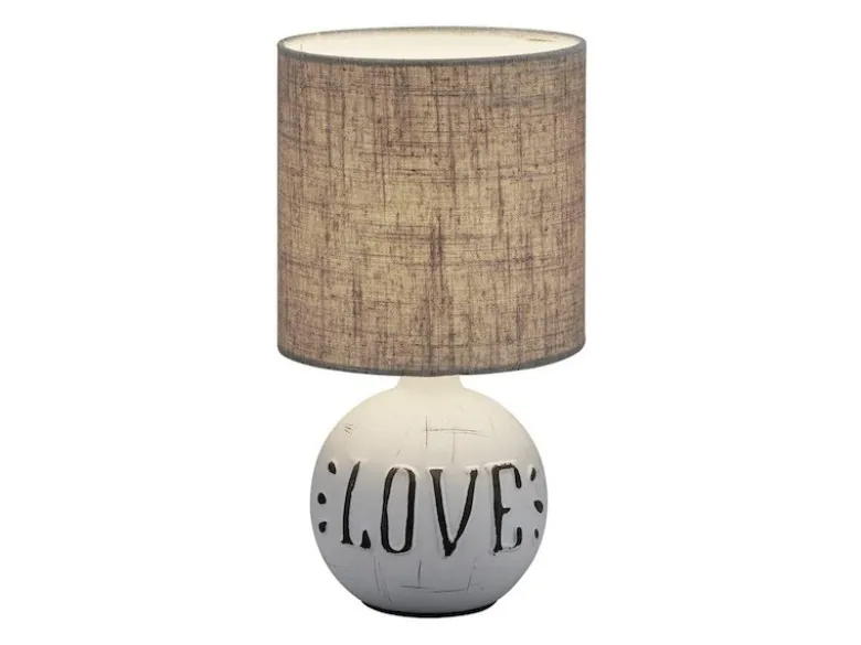 Tischleuchte ESNA Keramik-Sockel Schriftzug LOVE Stoffschirm Braun, Höhe 31cm