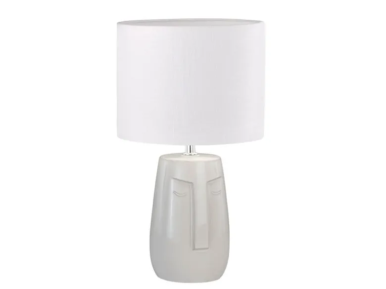Tischleuchte FACE mit Keramikfuß Beige & Leinenschirm Weiß, Höhe 39cm
