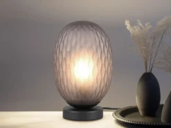 Tischleuchte FACETTE mit ovalem Lampenschirm Rauchglas, Höhe 28cm