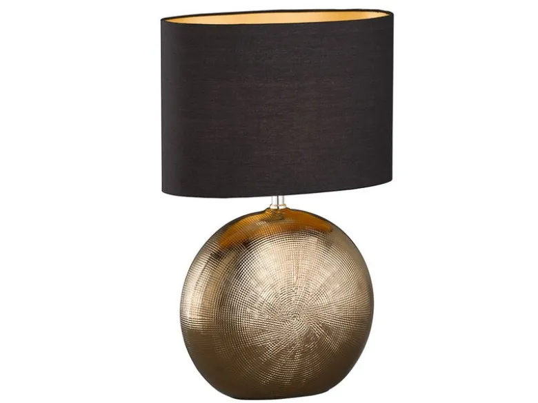 Tischleuchte FORO, Keramikfuß Bronze Antik & Stoffschirm Schwarz Gold, Höhe 53cm