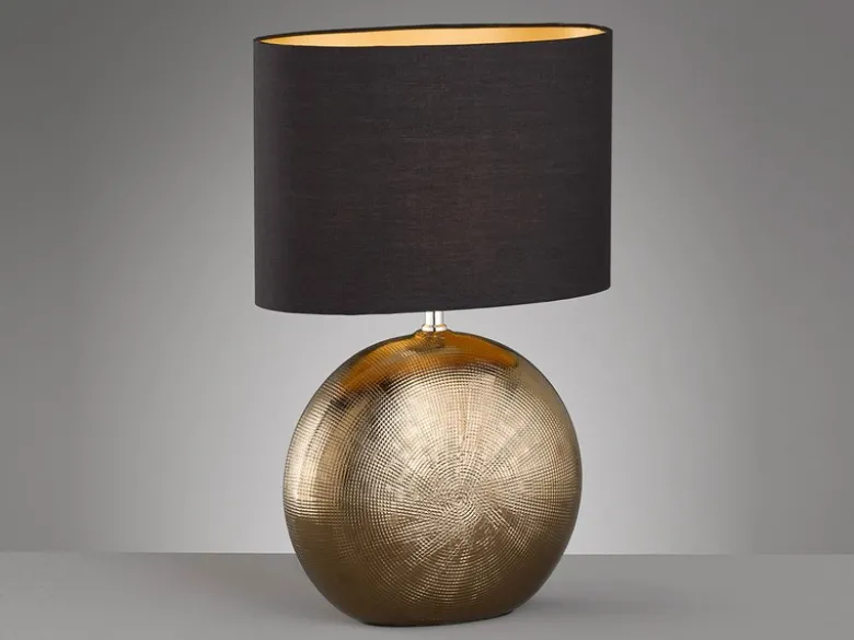 Tischleuchte FORO, Keramikfuß Bronze Antik & Stoffschirm Schwarz Gold, Höhe 53cm