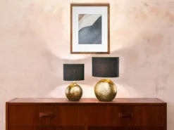Tischleuchte FORO, Keramikfuß Bronze Antik & Stoffschirm Schwarz Gold, Höhe 39cm